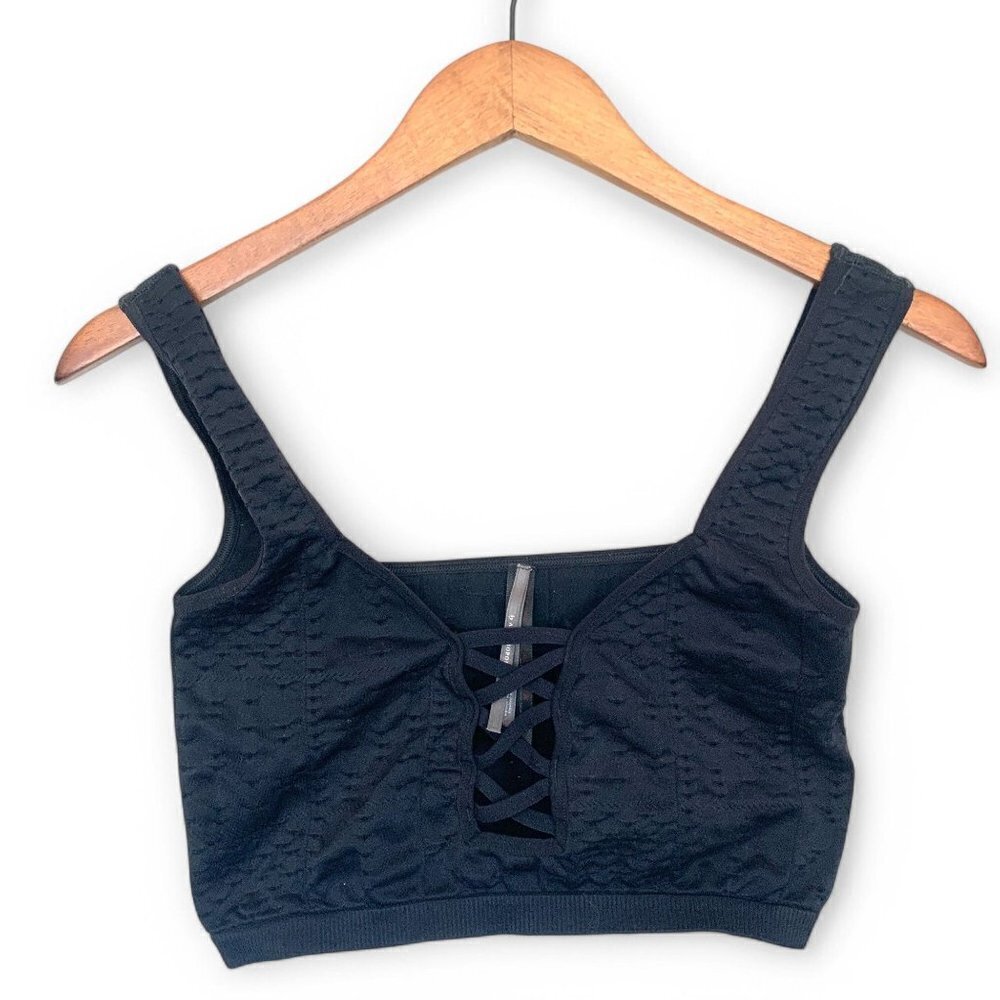 Anthropologie Black Smocked Lace Front Boho Chic Bralette Top Black Lycra/Cotton